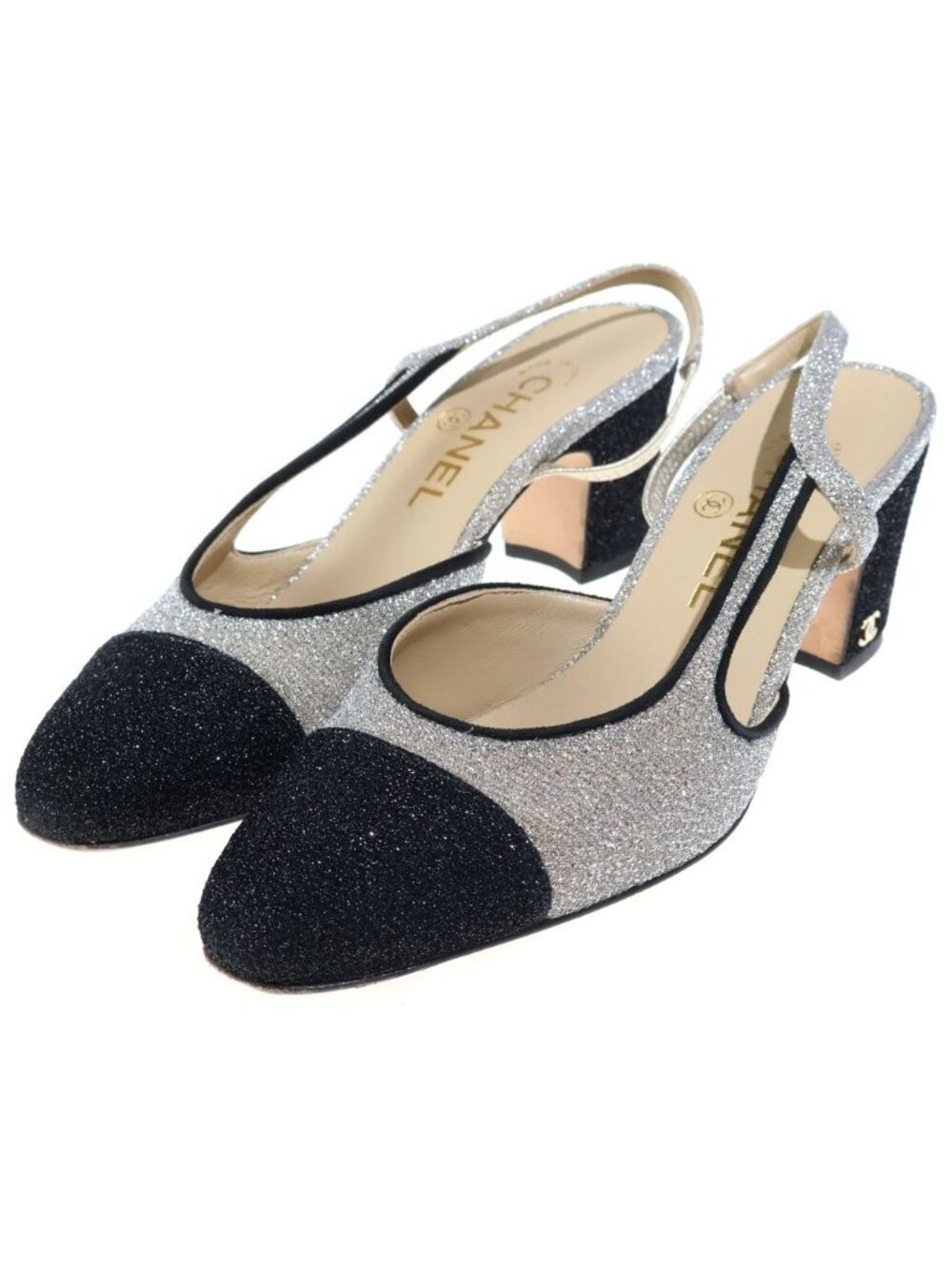Chanel Slingback Glitter Pumps Flat Shoes Silver
